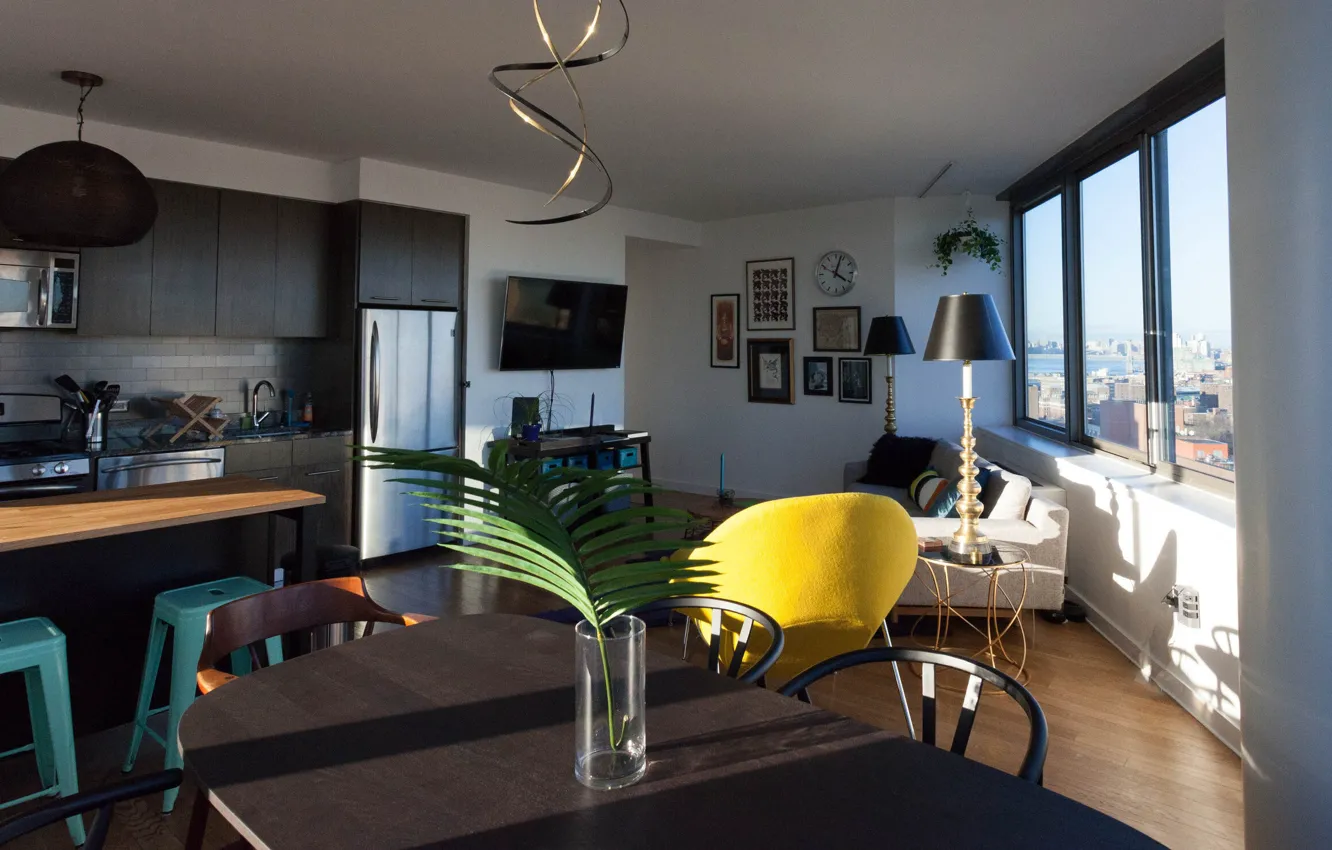 Photo wallpaper design, style, interior, kitchen, living room, dining room, Brooklyn apartment in bright colors, Modern apartment …