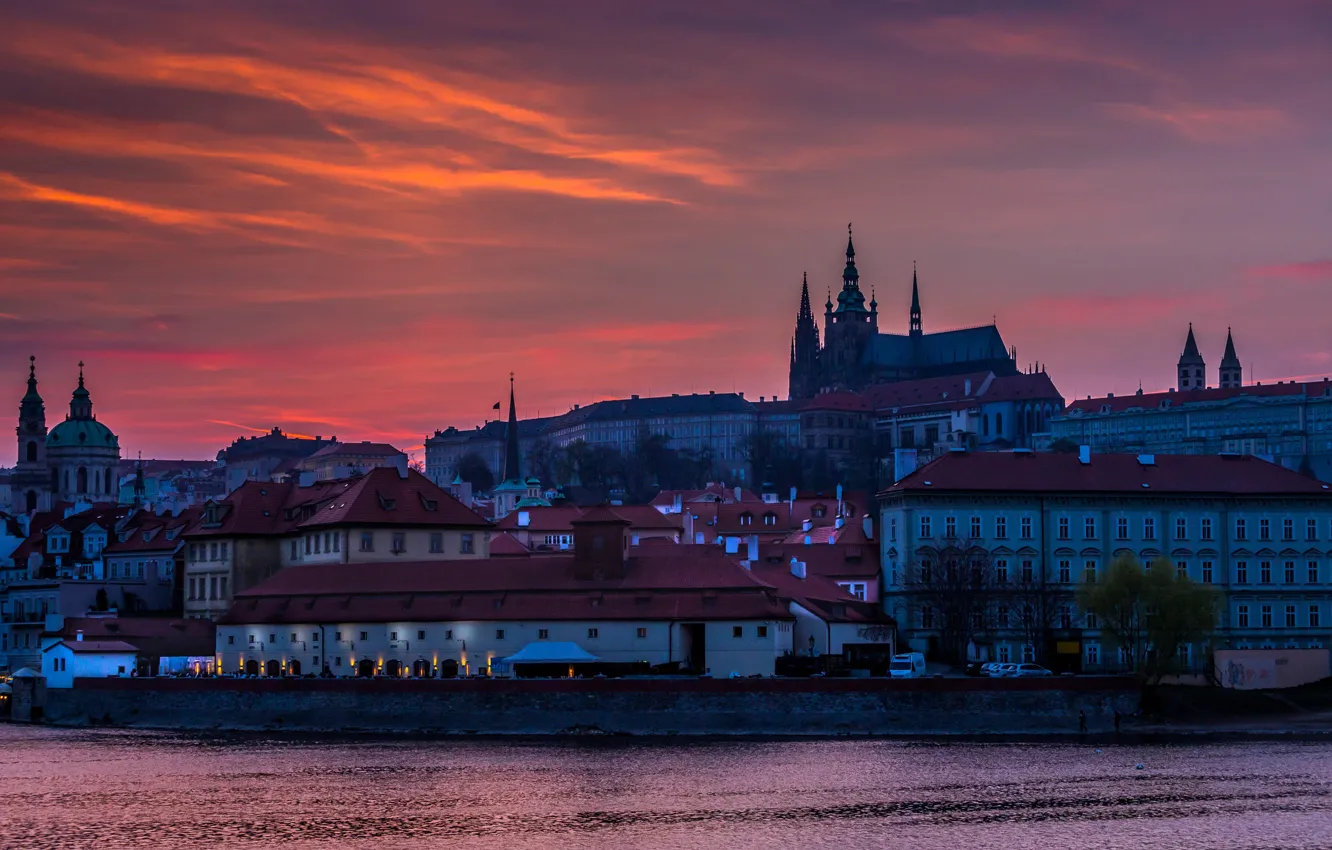 Photo wallpaper sunset, river, building, home, the evening, Prague, Czech Republic, promenade