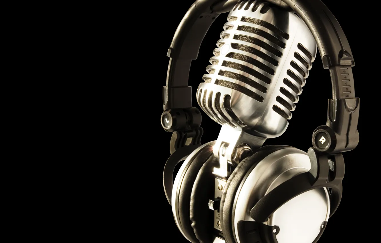 Photo wallpaper retro, music, background, black, headphones, microphone, rarity
