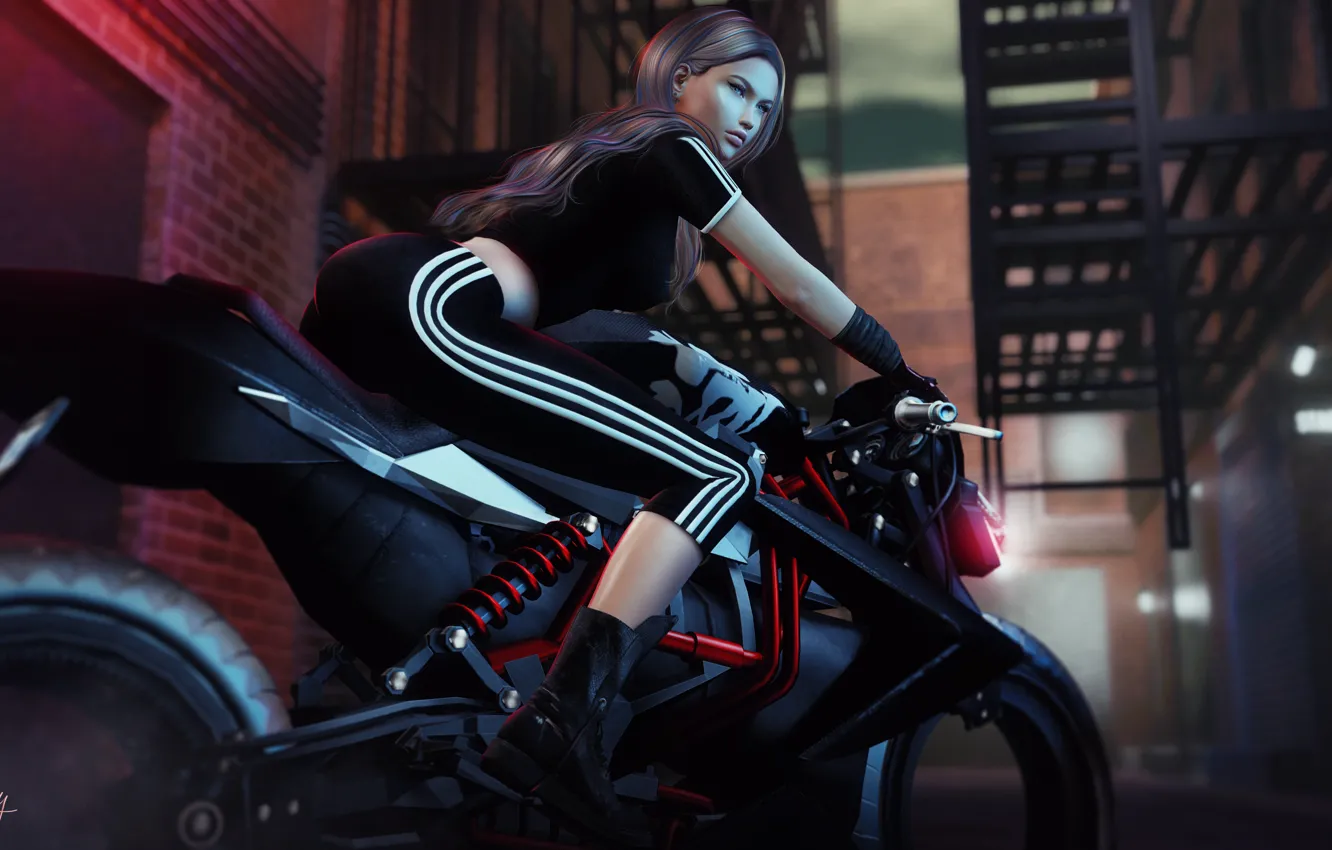 Photo wallpaper look, girl, face, the city, background, hair, the evening, motorcycle