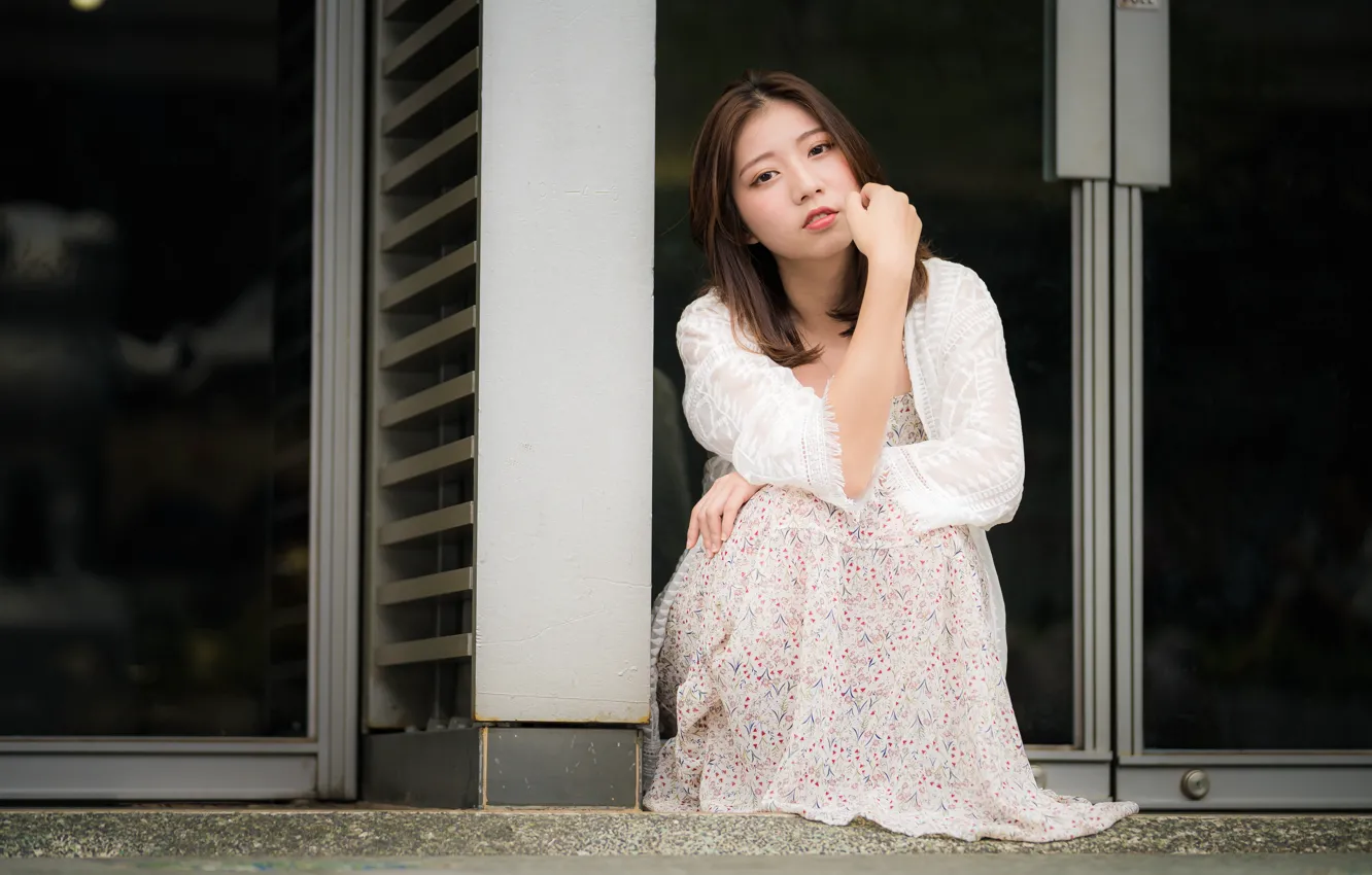 Photo wallpaper look, girl, dress, Asian, sitting, cutie