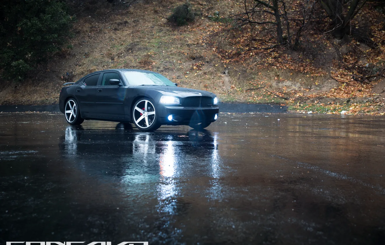 Photo wallpaper machine, auto, asphalt, wet, lights, Dodge, auto, Black