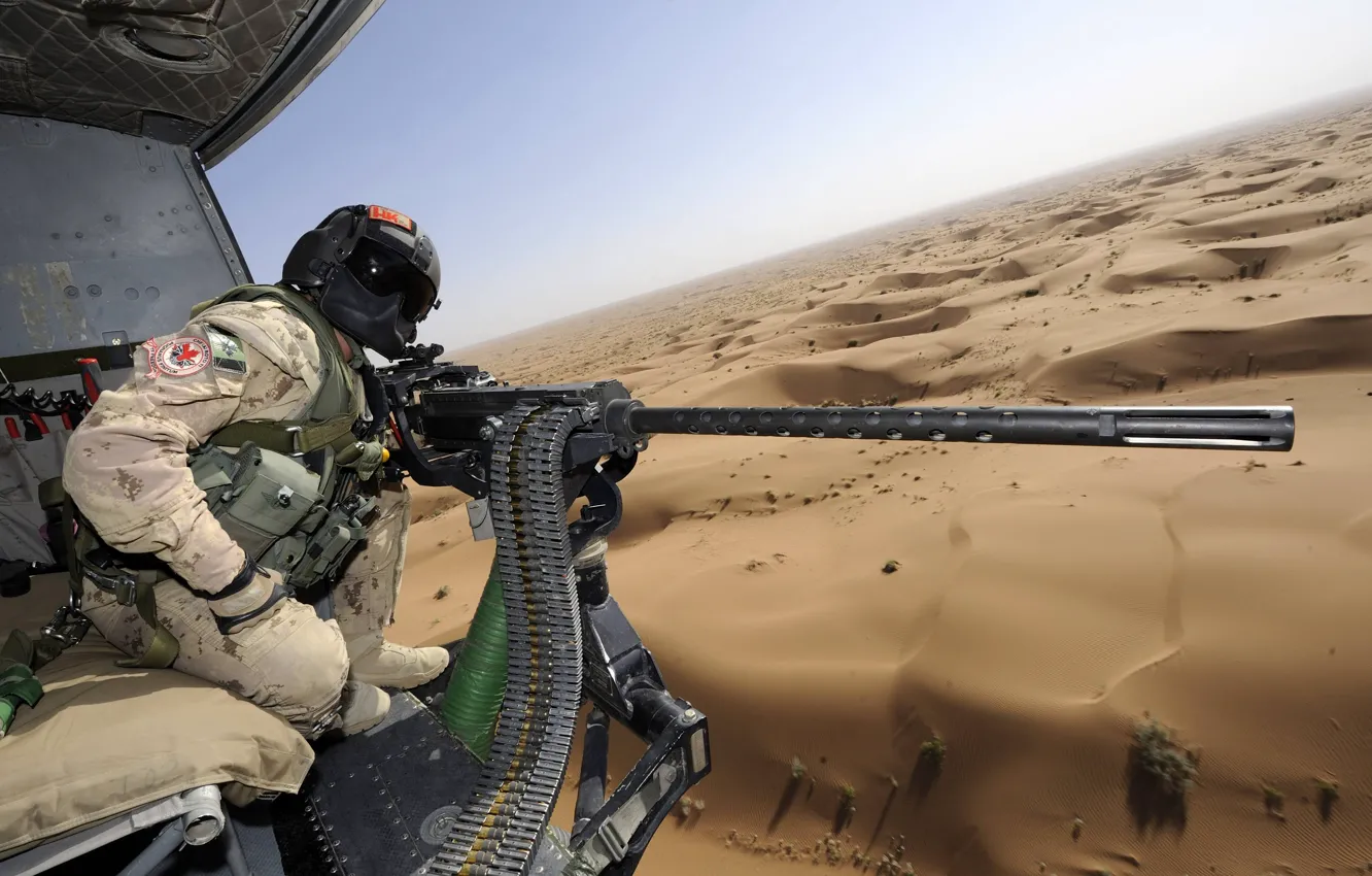 Photo wallpaper desert, soldiers, helicopter, M3M, heavy machine gun, GAU-21
