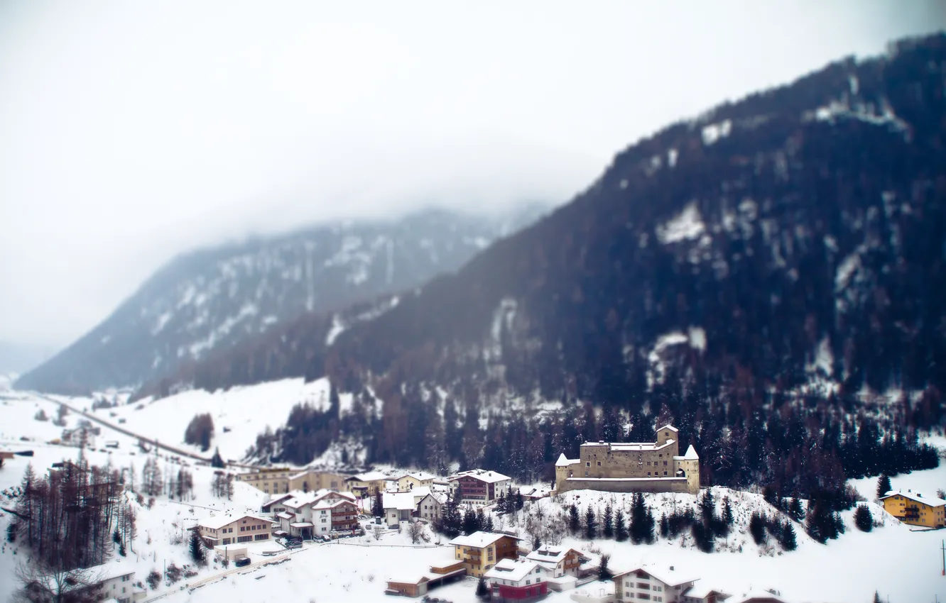 Photo wallpaper winter, snow, mountains, town, resort, Alps, tilt-shift
