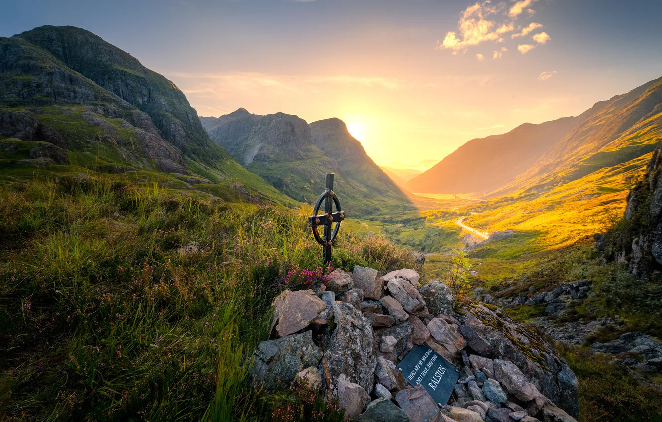 Photo wallpaper field, the sky, grass, the sun, light, mountains, stones, plate