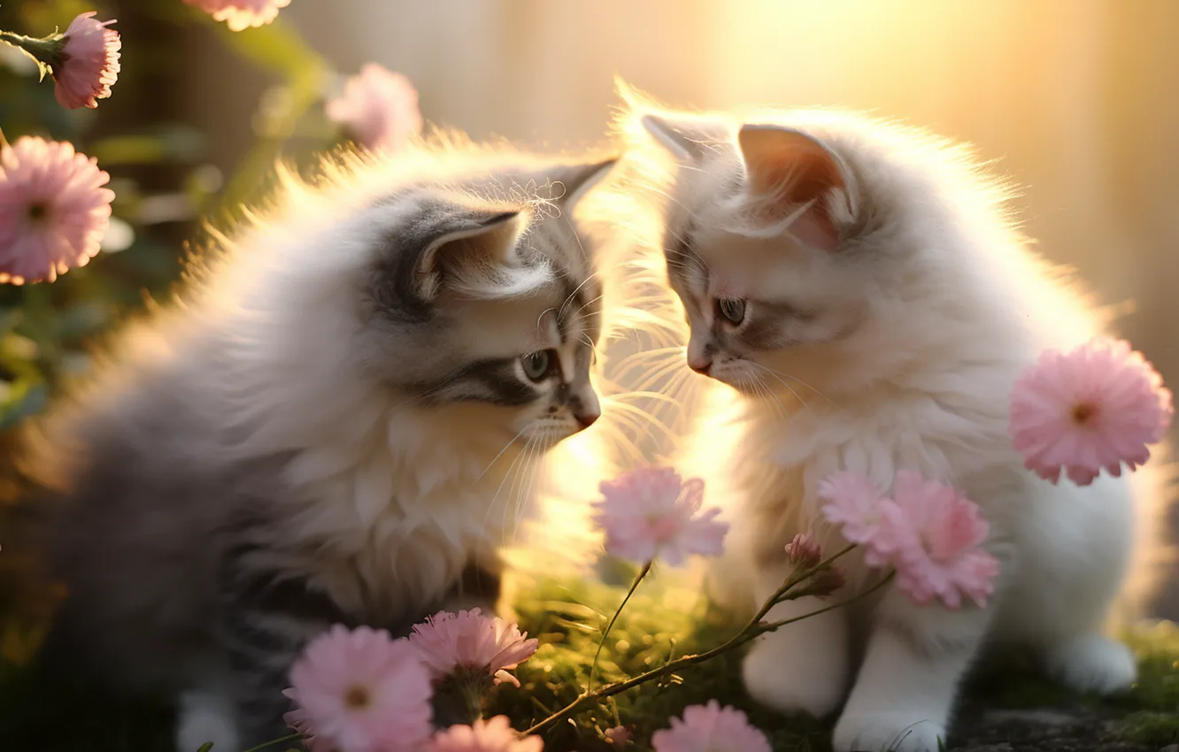 Photo wallpaper cat, look, flowers, pose, kitty, face, a couple, Ragdoll