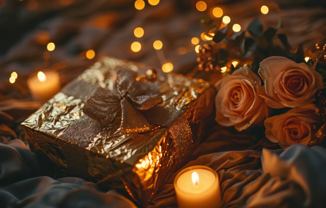 Photo wallpaper flowers, birthday, holiday, gift, roses, bouquet, candles, bow