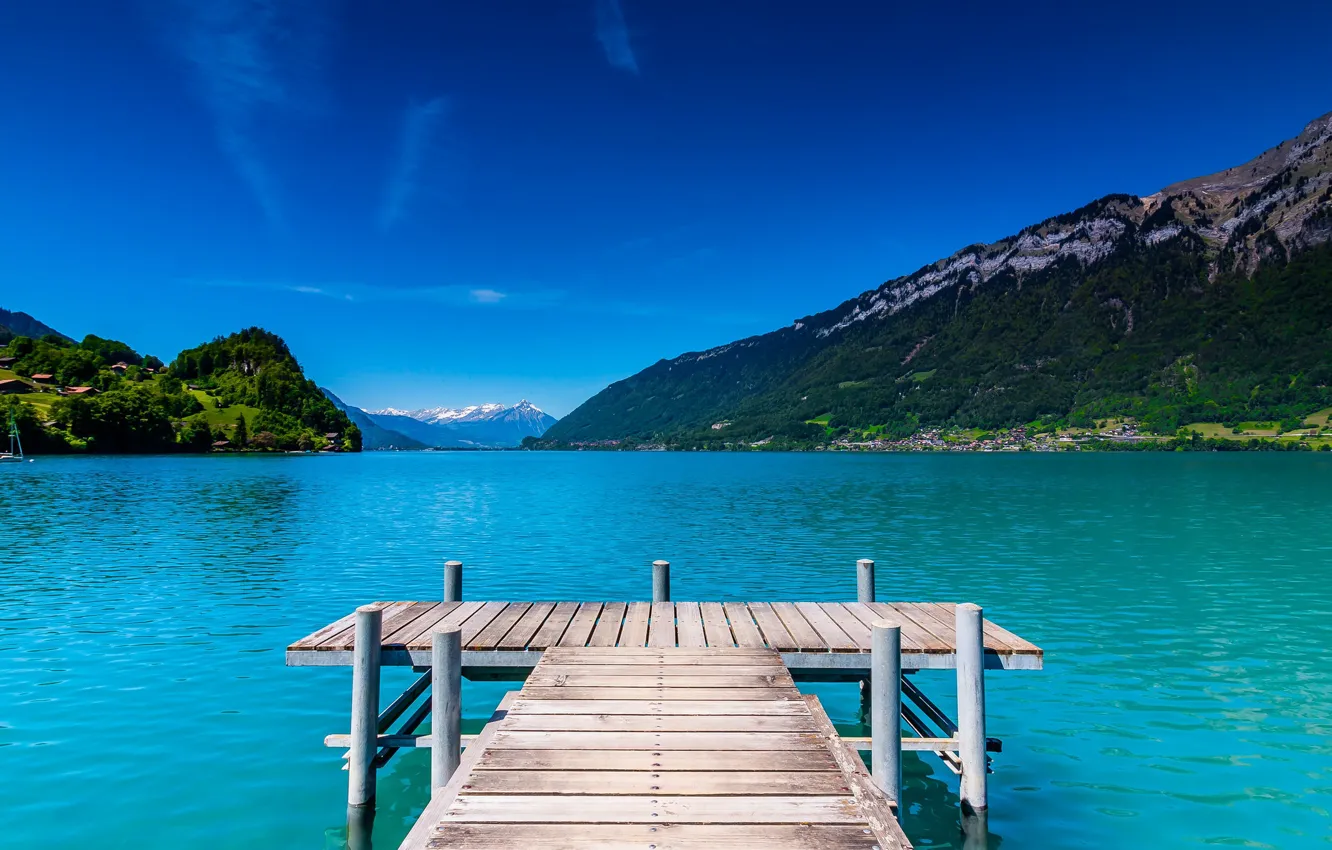 Photo wallpaper mountains, lake, relax, calm, Switzerland, the bridge, Iseltwald