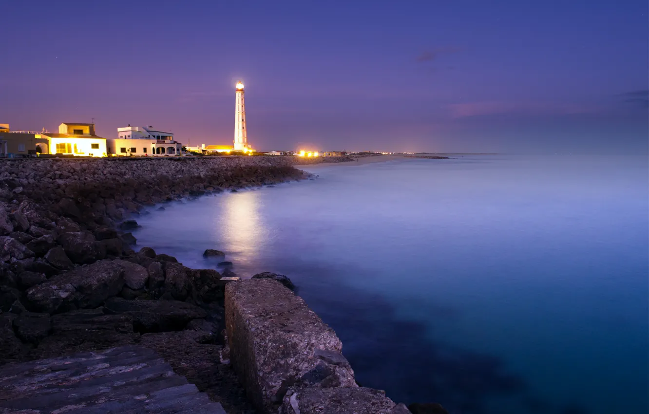 Photo wallpaper sea, light, blue, stones, the ocean, shore, lighthouse, the evening