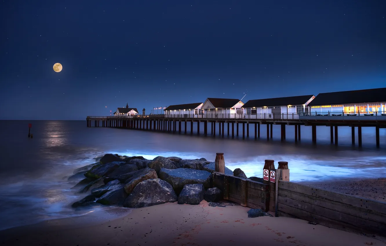 Photo wallpaper sand, sea, wave, the sky, stars, clouds, light, night