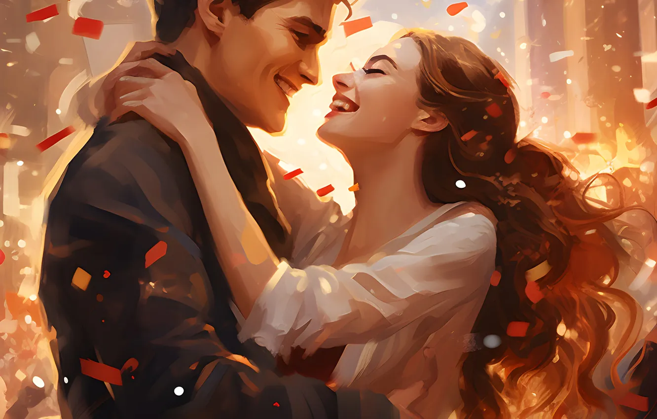Photo wallpaper girl, joy, smile, new year, Christmas, guy, two, confetti