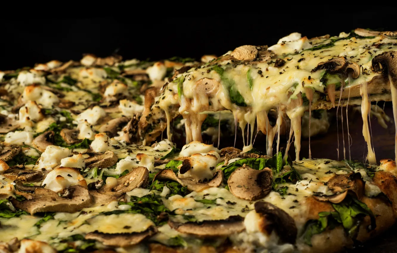 Photo wallpaper greens, the dark background, mushrooms, cheese, pizza, piece, mushroom