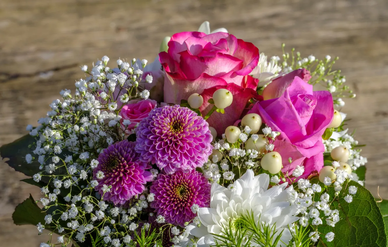 Photo wallpaper roses, bouquet, dahlias