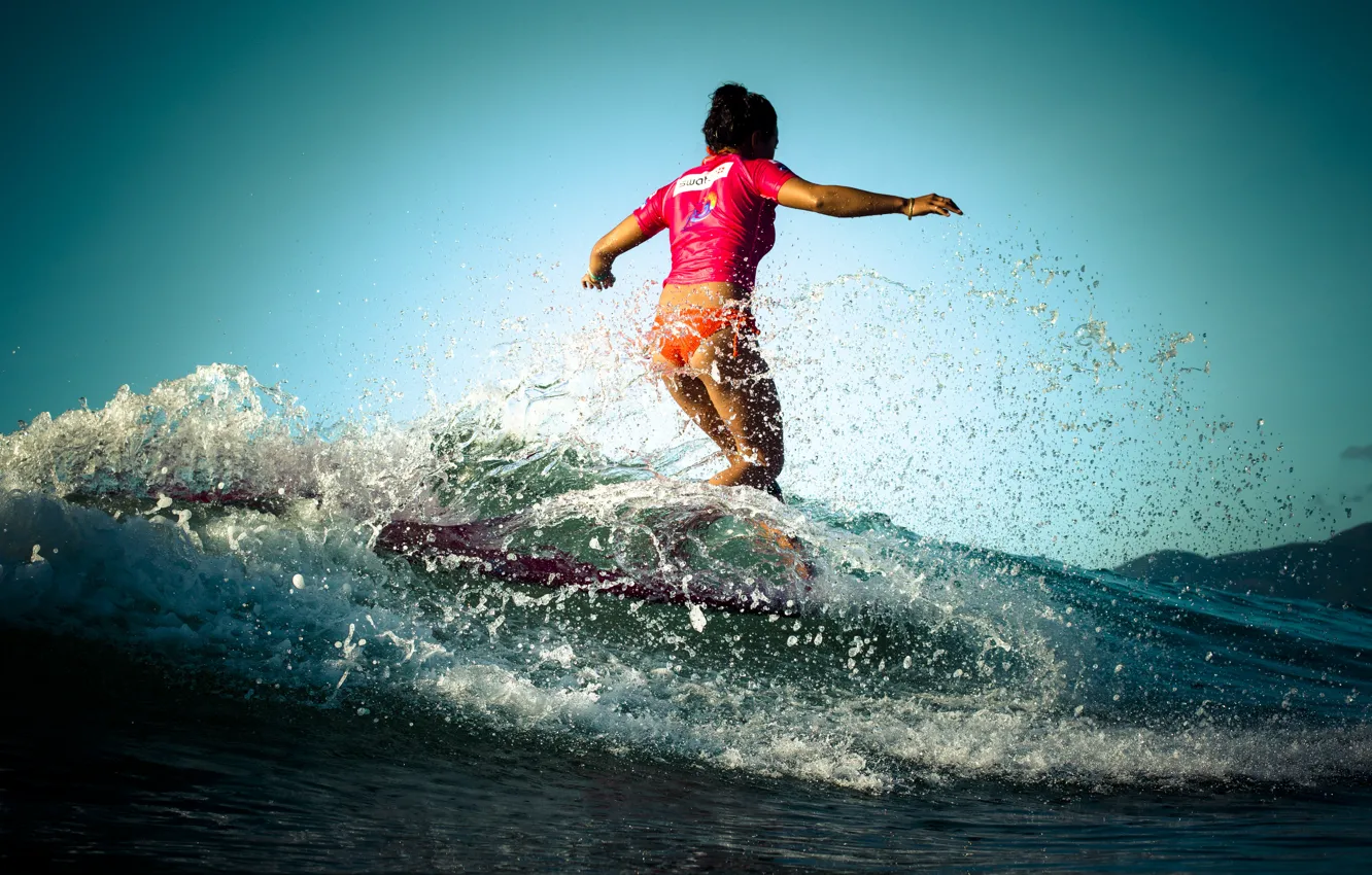 Photo wallpaper girl, squirt, the ocean, wave, surfing, Board, surfIng