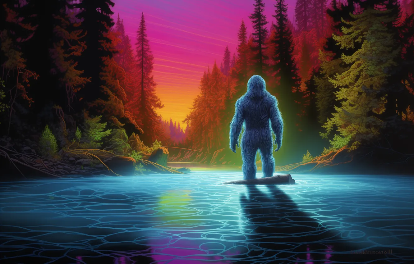 Photo wallpaper trees, being, back, river, Yeti, Bigfoot, digital art, Bigfoot