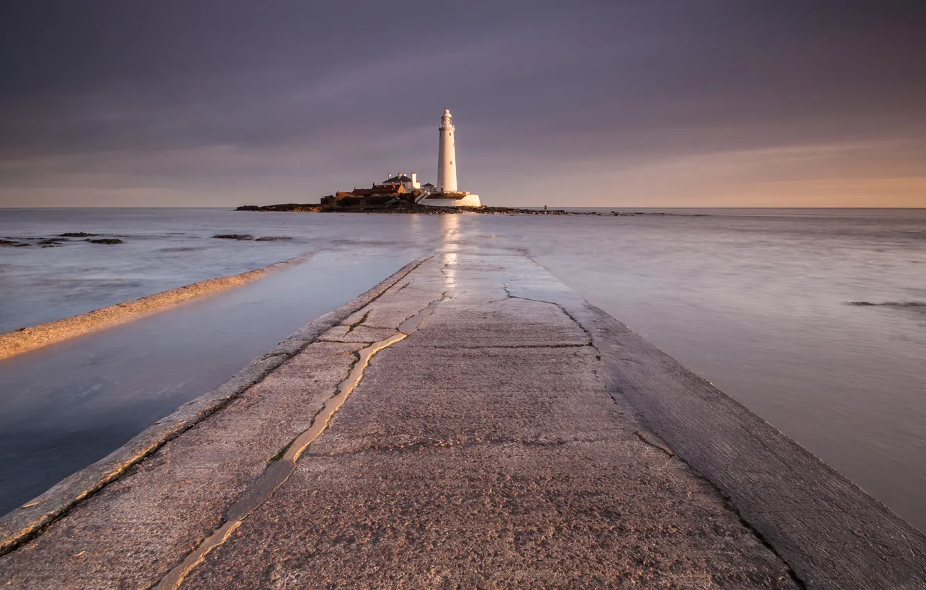 Photo wallpaper sea, landscape, lighthouse, England, United Kingdom, Whitley Bay