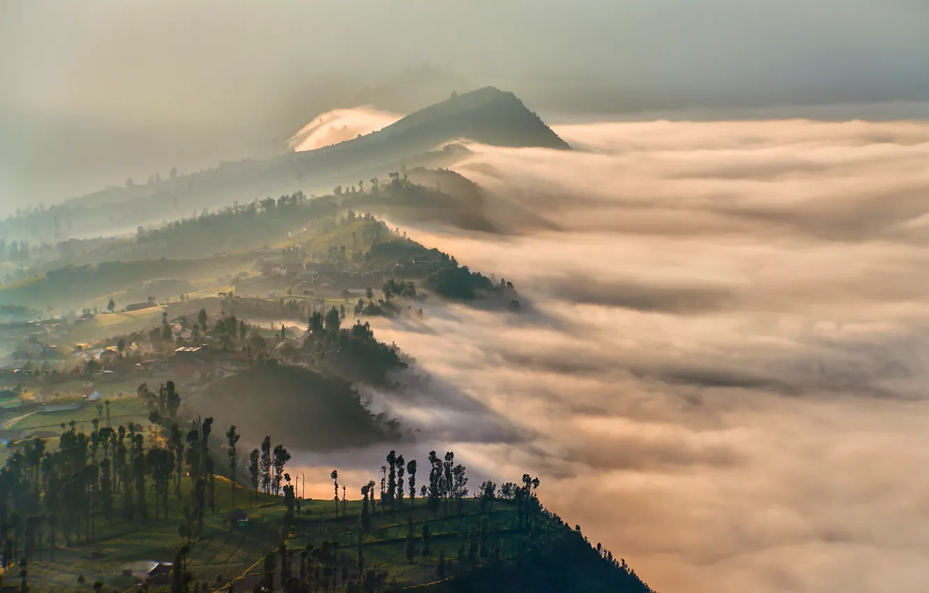 Photo wallpaper clouds, light, mountains, fog, morning, the volcano, haze