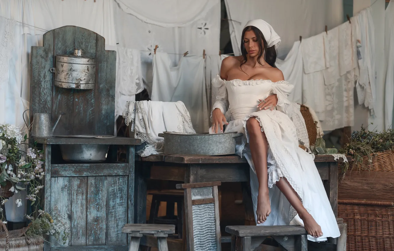 Photo wallpaper girl, table, village, Board, linen, dress, village, brunette