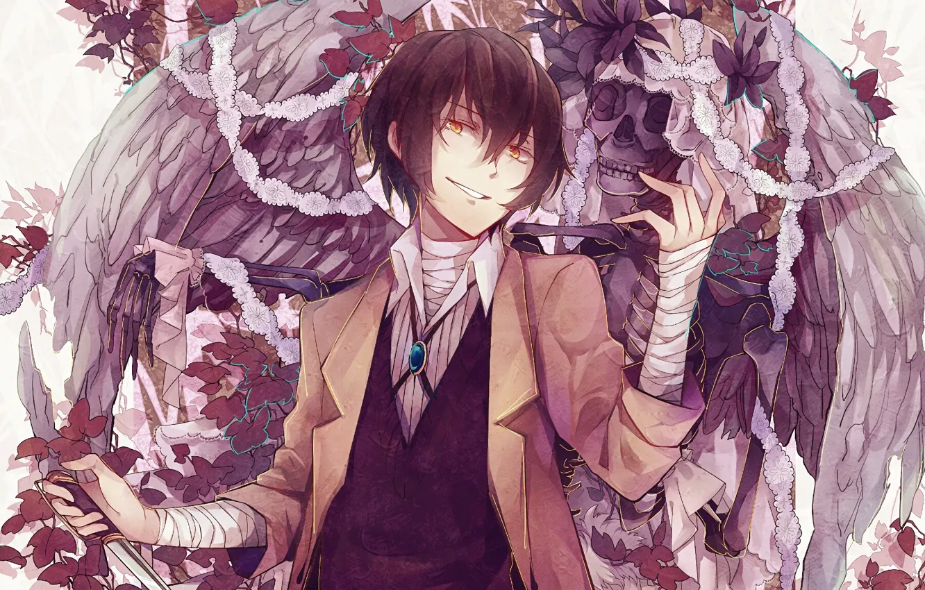 Photo wallpaper anime, Angel, art, Wings, Lace, Skeleton, Bungou Stray Dogs, Stray dogs literary geniuses