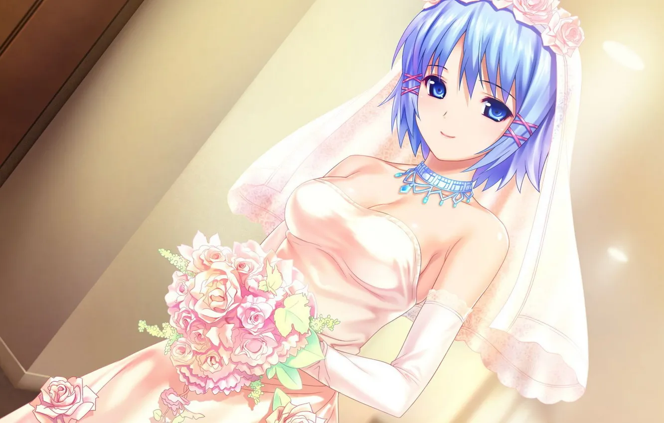 Photo wallpaper girl, flowers, roses, bouquet, anime, the bride