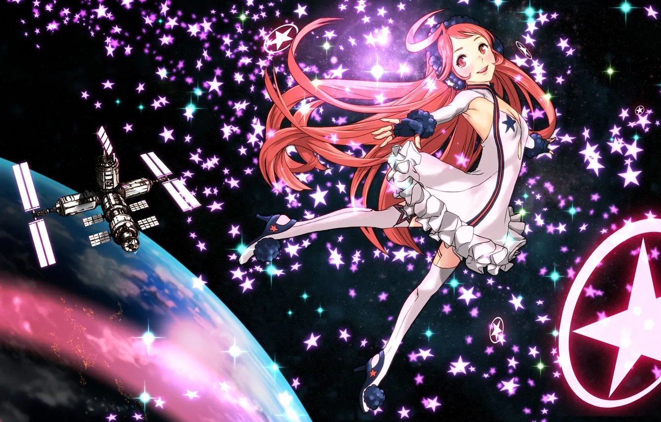 Photo wallpaper girl, space, stars, flight, joy, planet, satellite, vocaloid
