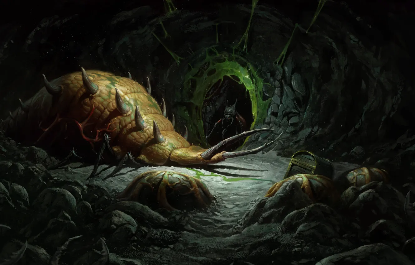 Photo wallpaper monster, insect, cave, chest, mucus, Diablo 2, maggot, Act 2
