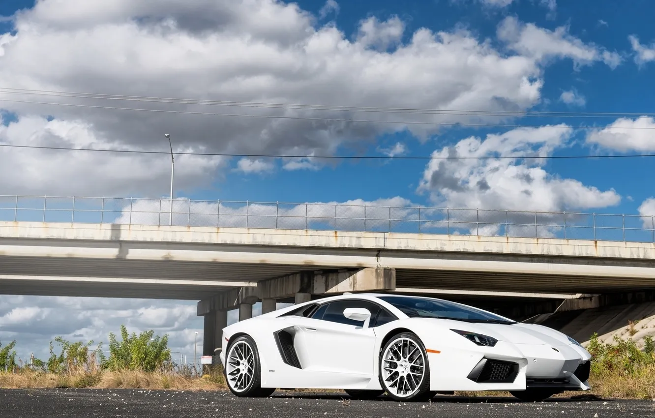 Photo wallpaper white, the sky, clouds, Lamborghini, overpass, white, front view, LP700-4