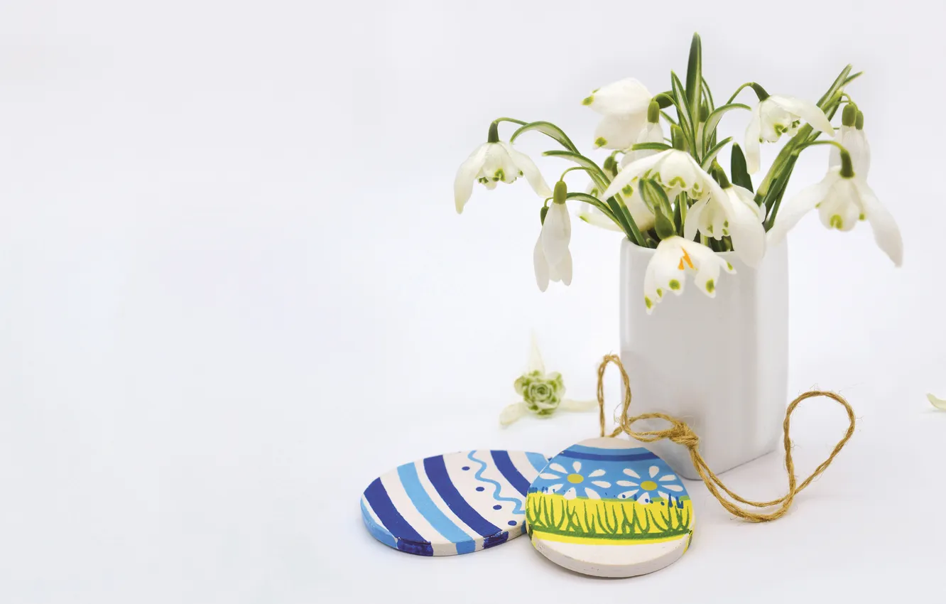 Photo wallpaper flowers, holiday, pattern, toys, eggs, bouquet, spring, snowdrops