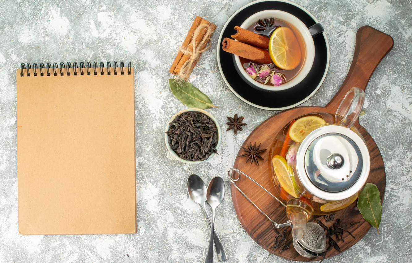 Photo wallpaper leaves, flowers, table, lemon, tea, kettle, spoon, the tea party