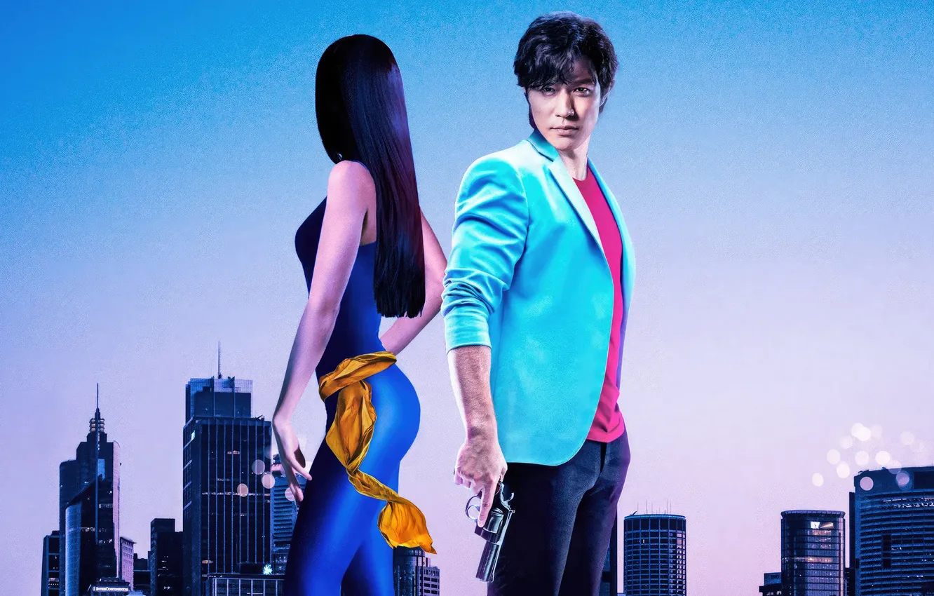 Photo wallpaper girl, the city, gun, guy, City Hunter