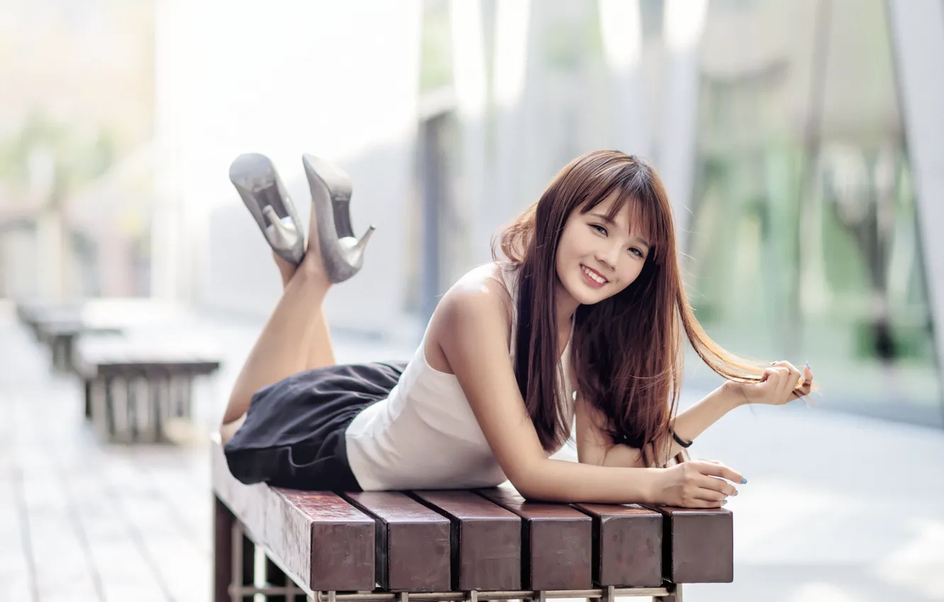 Photo wallpaper girl, smile, bench