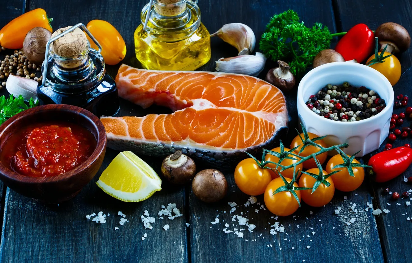 Photo wallpaper lemon, oil, food, fish, vegetables, sauce, seasoning