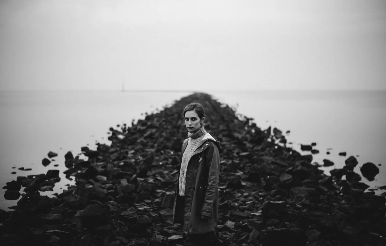 Photo wallpaper girl, lighthouse, rainy