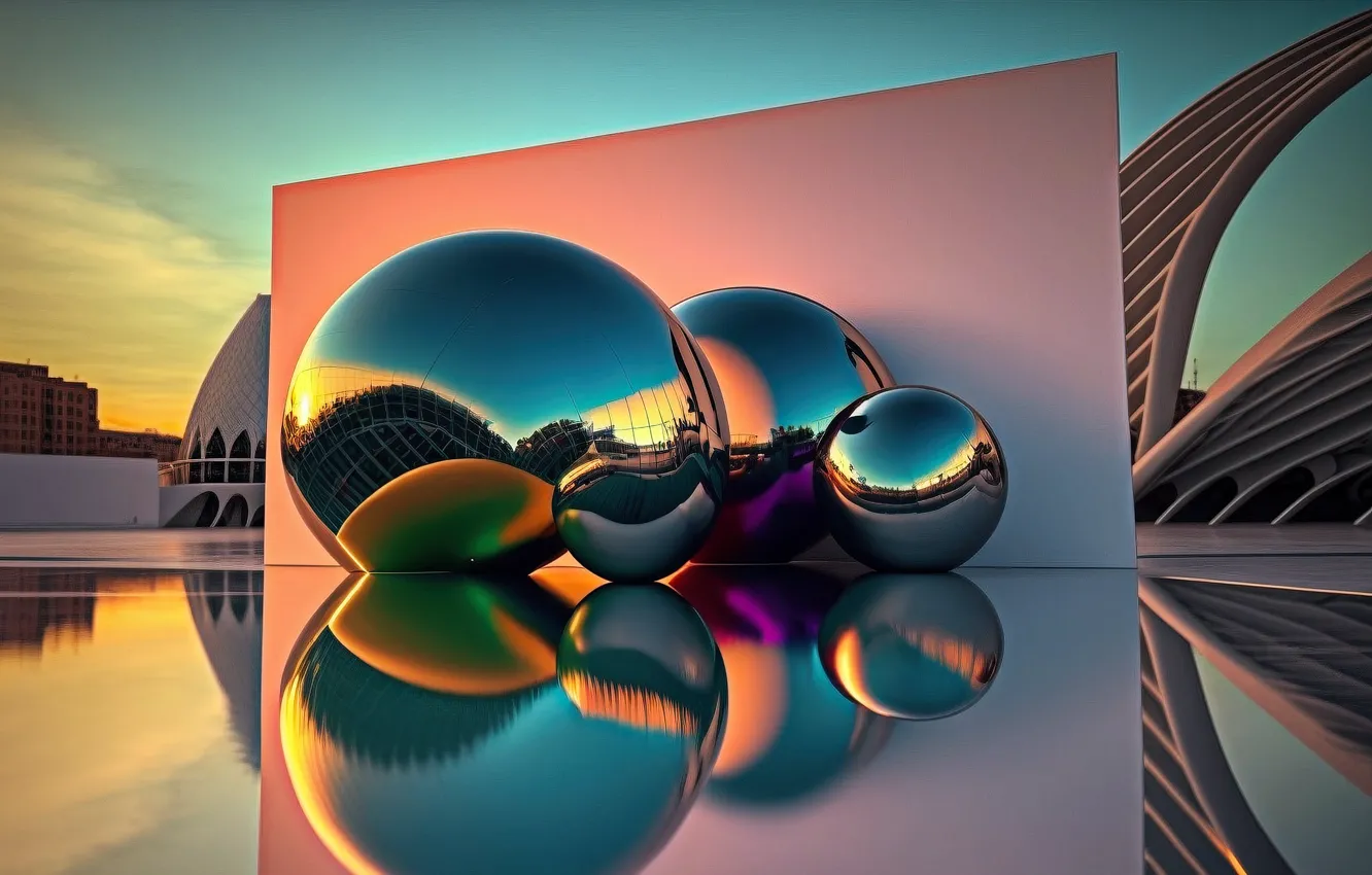 Photo wallpaper architecture, sphere, AI art, neural network