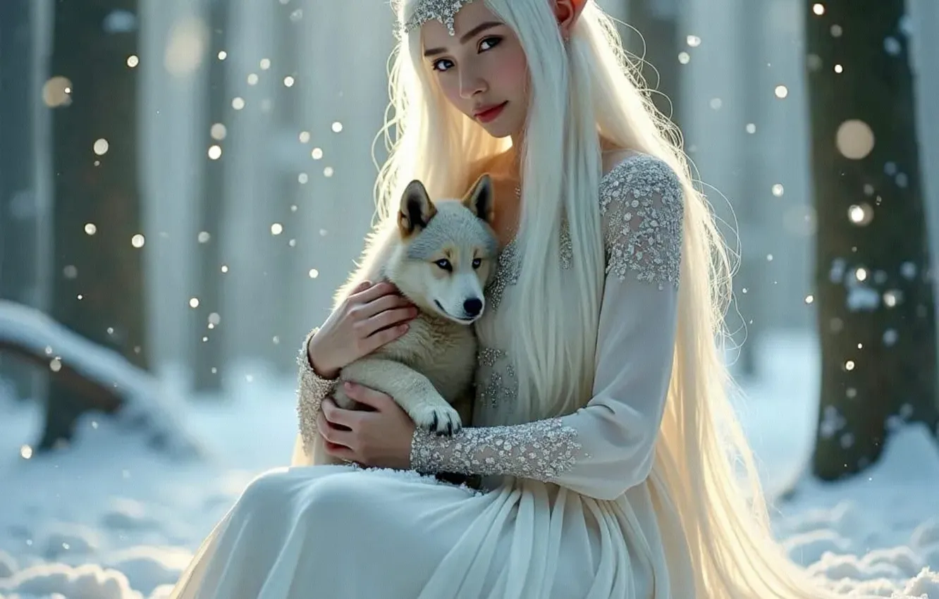 Photo wallpaper winter, forest, girl, snow, decoration, wolf, dog, the snow
