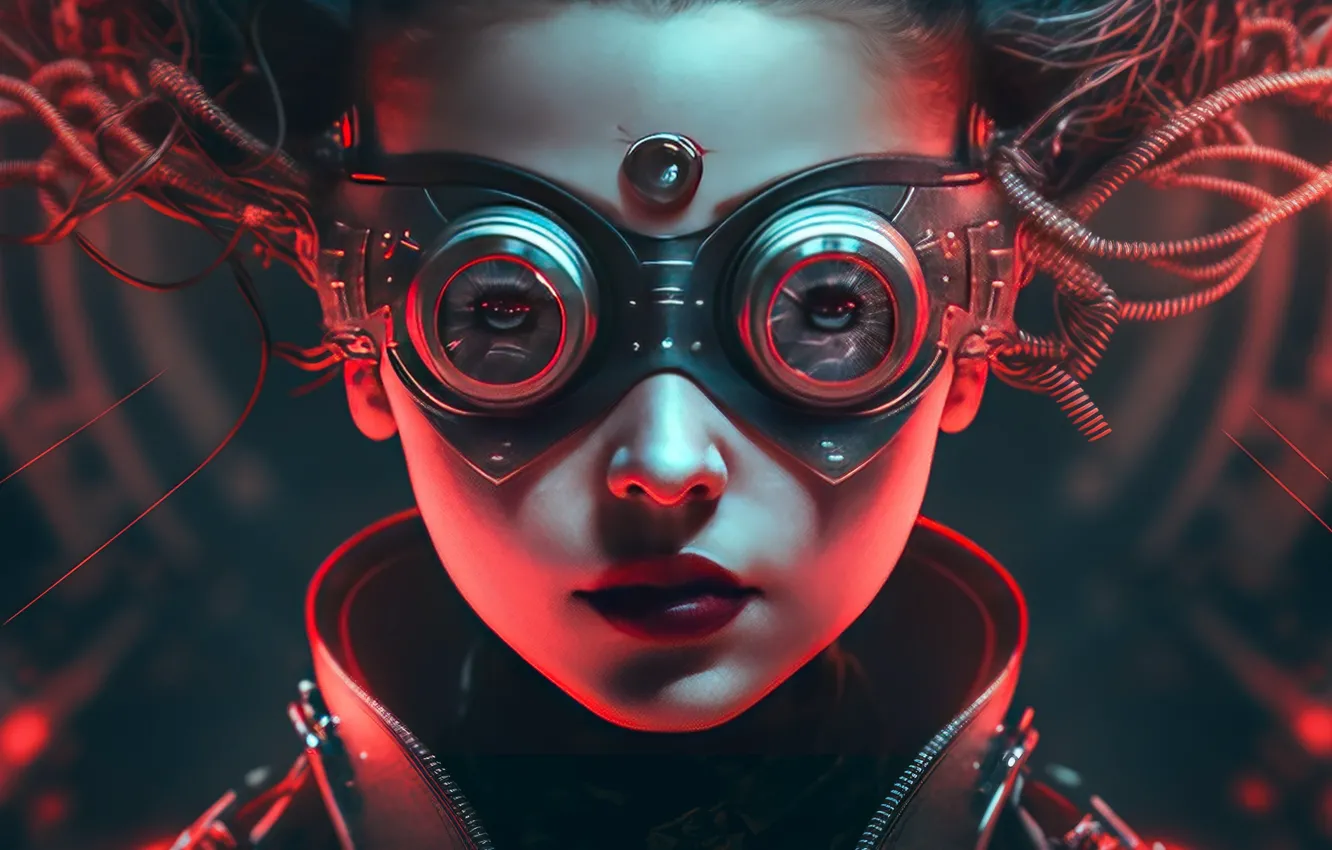 Photo wallpaper wire, robot, portrait, glasses, robot, cyberpunk, Android, android