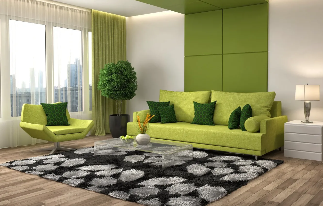 Photo wallpaper design, style, interior, living room, modern carpet, apple-green sofa and armchair, dark green pillows