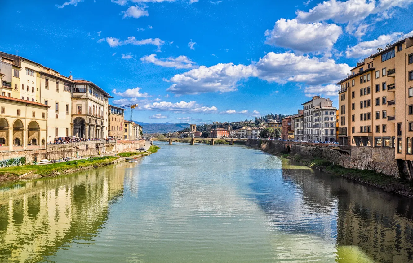 Photo wallpaper clouds, bridge, the city, river, building, Italy, channel, river