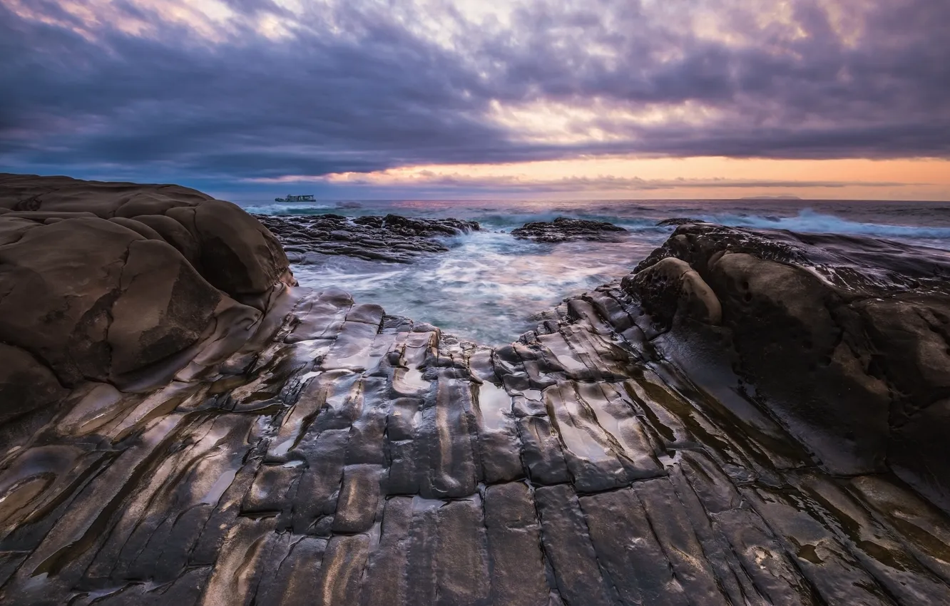 Photo wallpaper sea, wave, clouds, stones, rocks, shore, dal, surf