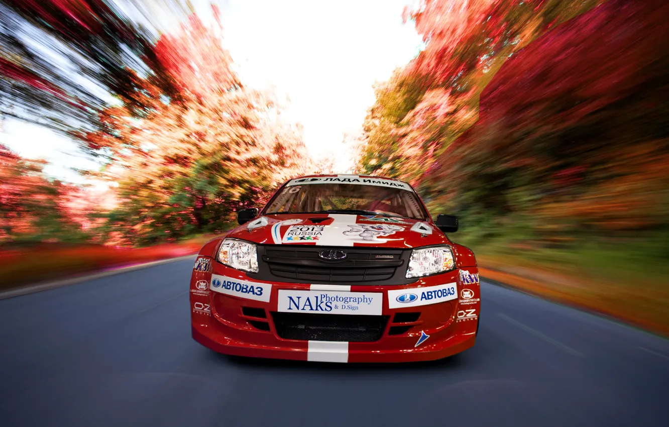 Photo wallpaper road, trees, sport, front, Lada, bokeh, Granta, extreme sports