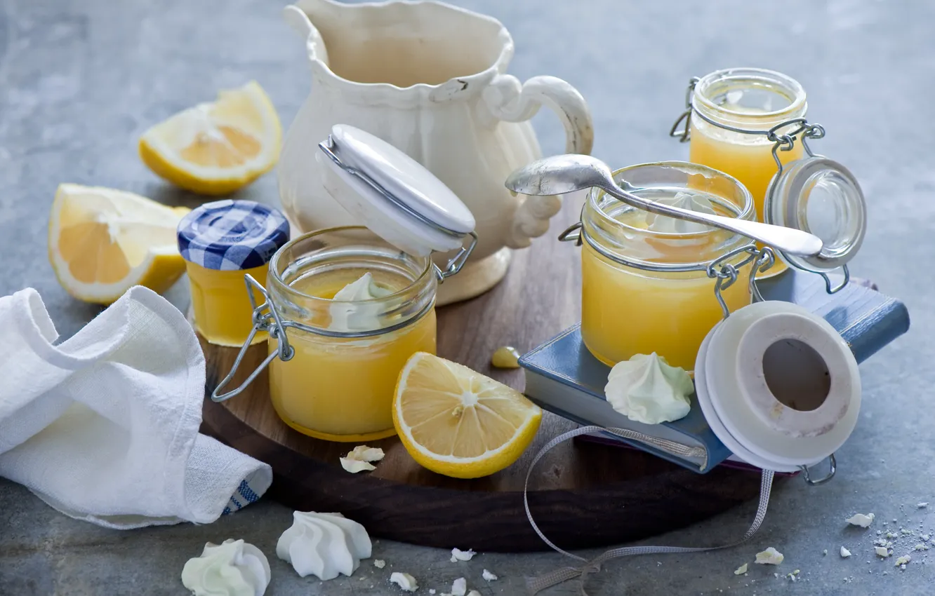Photo wallpaper jars, dessert, lemons, meringue, lemon cream