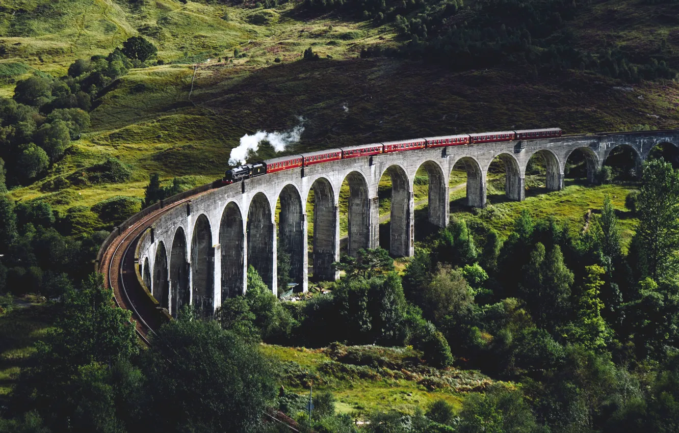 Photo wallpaper Nature, Bridge, The engine, Railroad, Landscape