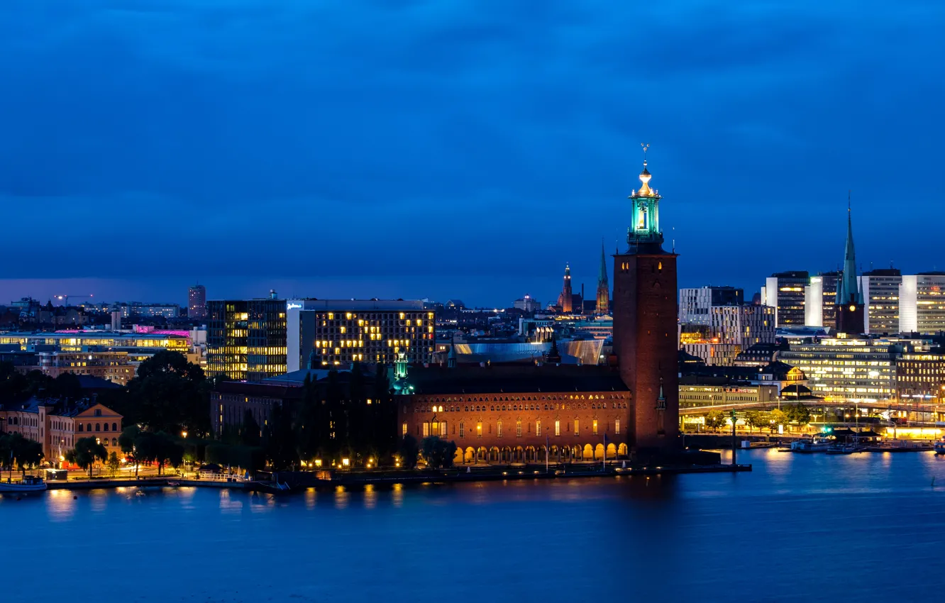 Photo wallpaper photo, Night, Tower, The city, Stockholm, Sweden