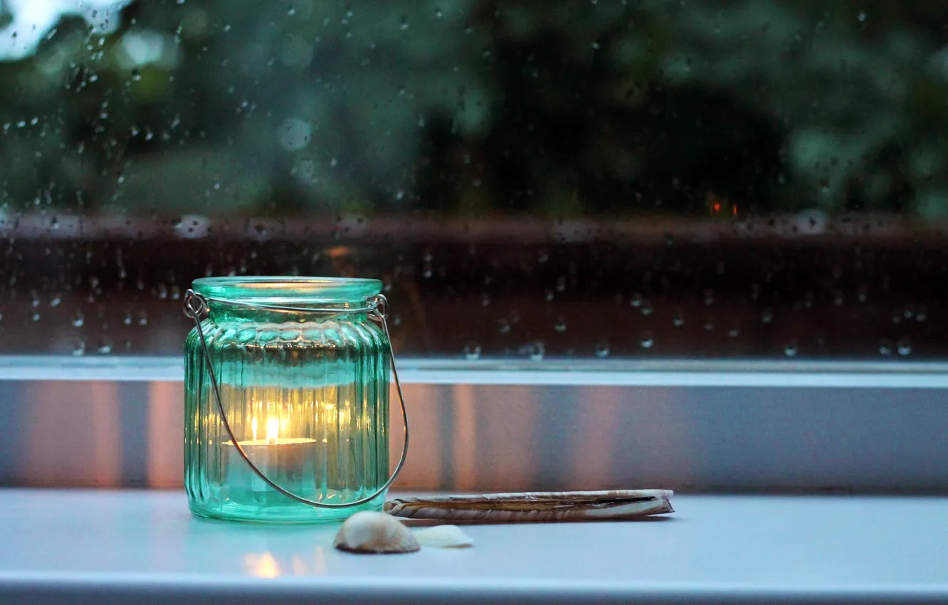 Photo wallpaper glass, rain, candle, the evening, window, Bank, shell, sill