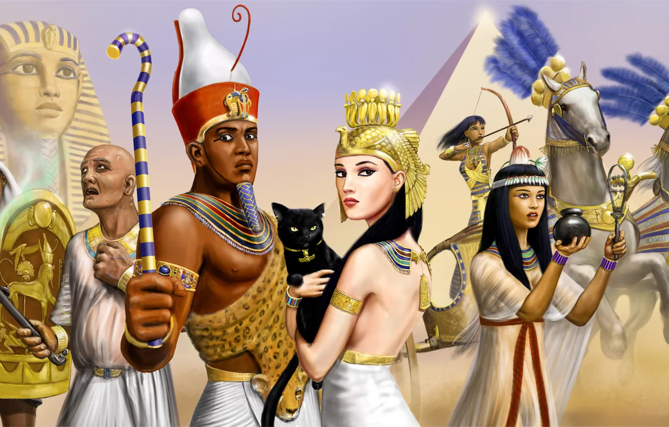 Photo wallpaper cat, girls, horses, chariot, warrior, art, pyramid, Pharaoh
