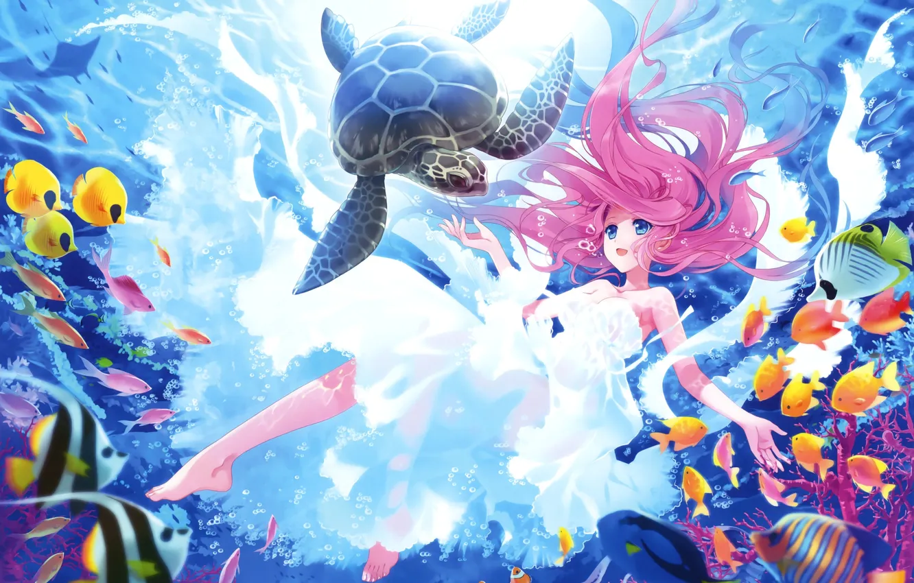 Photo wallpaper girl, fish, smile, turtle, anime, art, under water, Carnelian