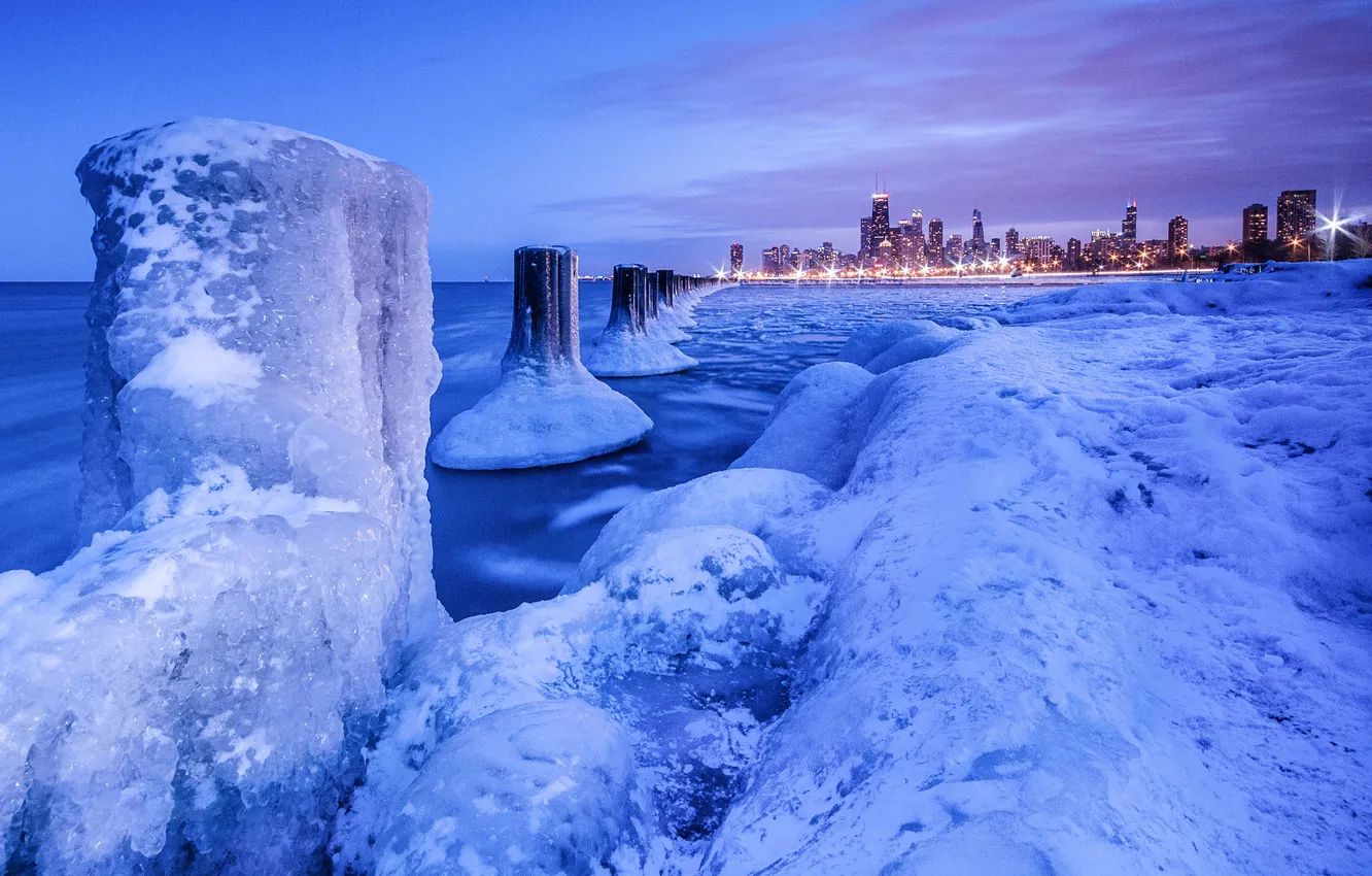 Photo wallpaper ice, winter, snow, night, lights, Chicago
