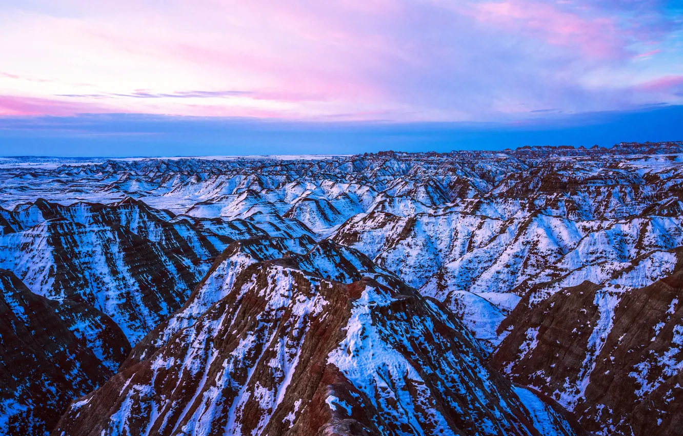 Photo wallpaper mountains, USA, sunrise, snow, sunrise, snowy, Badlands National Park, South Dakota