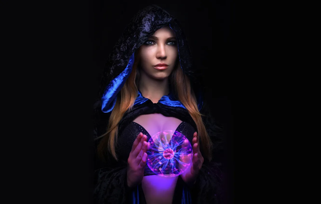 Photo wallpaper girl, balls, hood, cloak, black background, photo art