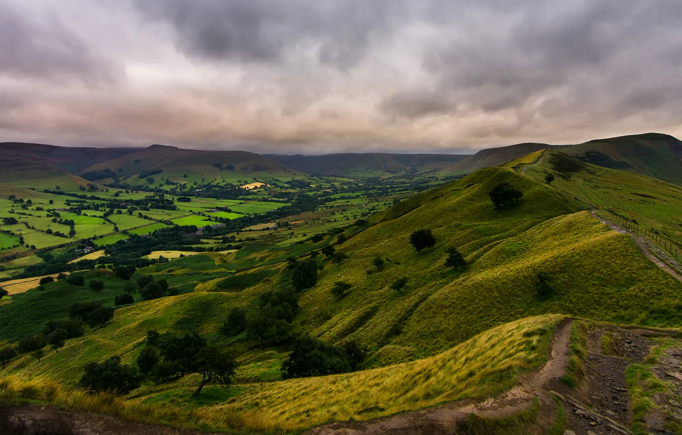 Photo wallpaper field, summer, the sky, grass, clouds, trees, mountains, clouds